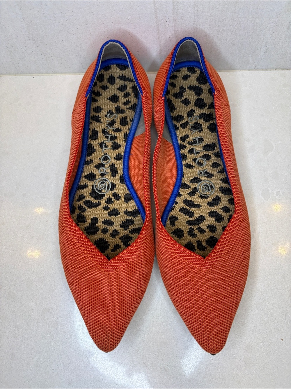 Rothy's Pointed Toe Flats in Orange with Blue Trim - Size 7.5